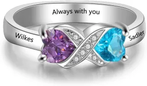 Personalized Infinity Mothers Ring with 2 Heart Simulated Birthstones Engagement Promise Rings for Women