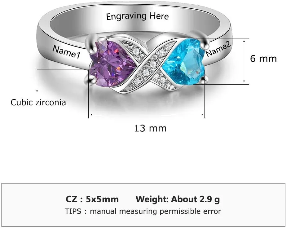 Personalized Infinity Mothers Ring with 2 Heart Simulated Birthstones Engagement Promise Rings for Women
