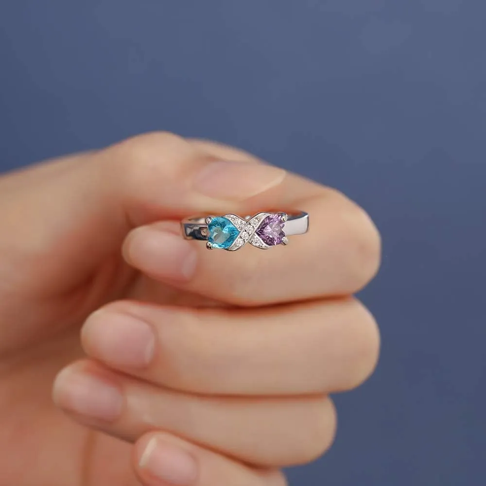 Personalized Infinity Mothers Ring with 2 Heart Simulated Birthstones Engagement Promise Rings for Women