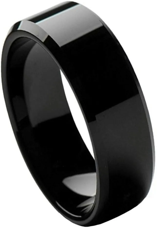 Personalized Laser Engraving Ring for Men and Ring for Women Tungsten Band Rings 8mm High Polished Black IP Plated Beveled Edge Wedding Band Ring Ideal Rings for Couples