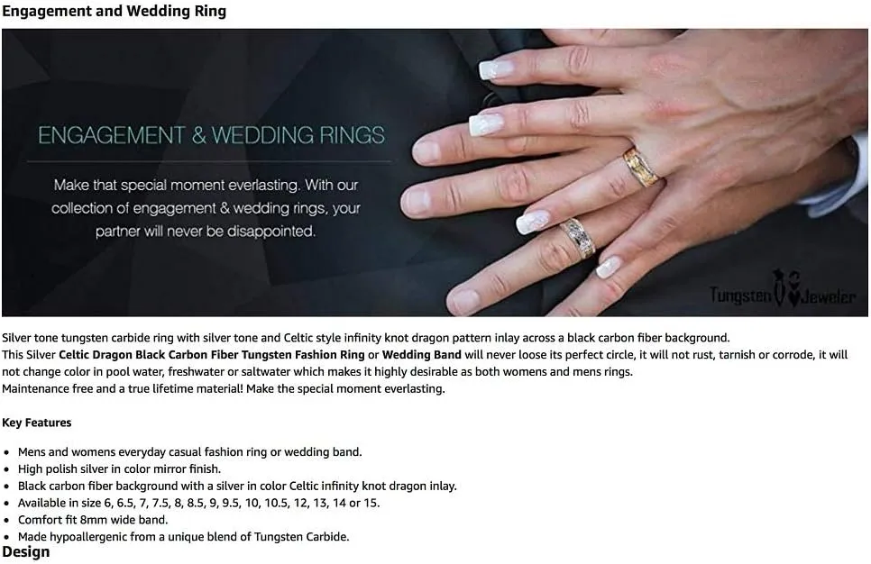 Personalized Laser Engraving Ring for Men and Ring for Women Tungsten Band Rings 8mm High Polished Black IP Plated Beveled Edge Wedding Band Ring Ideal Rings for Couples