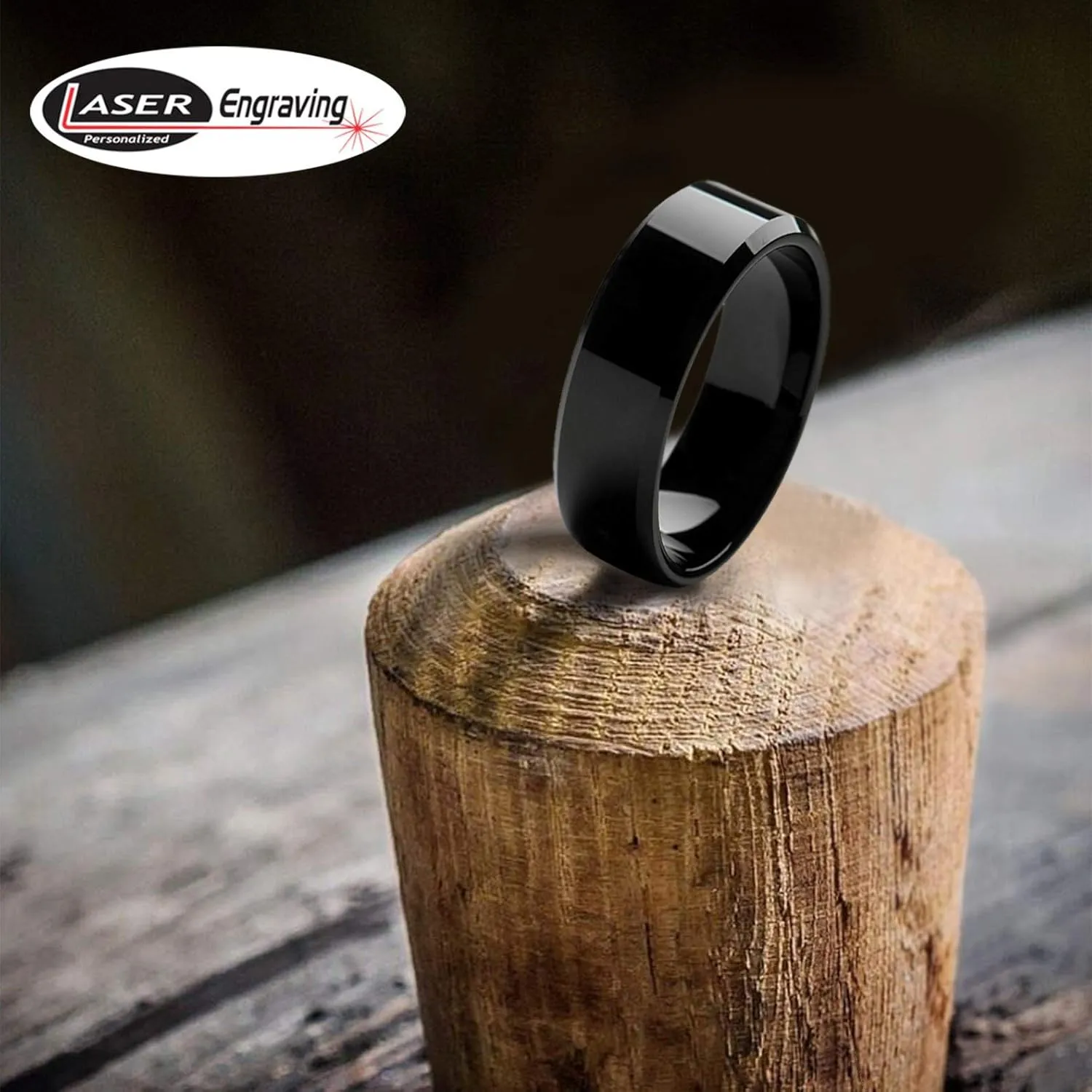 Personalized Laser Engraving Ring for Men and Ring for Women Tungsten Band Rings 8mm High Polished Black IP Plated Beveled Edge Wedding Band Ring Ideal Rings for Couples