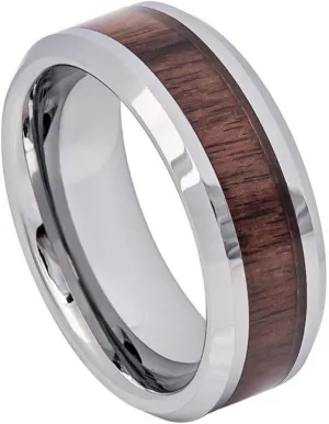Personalized Laser Engraving Ring for Men and Ring for Women Tungsten Band Rings 8mm High Polished with Mahogany Wood Inlay Beveled Edge Wedding Band Ring Ideal Rings for Couples