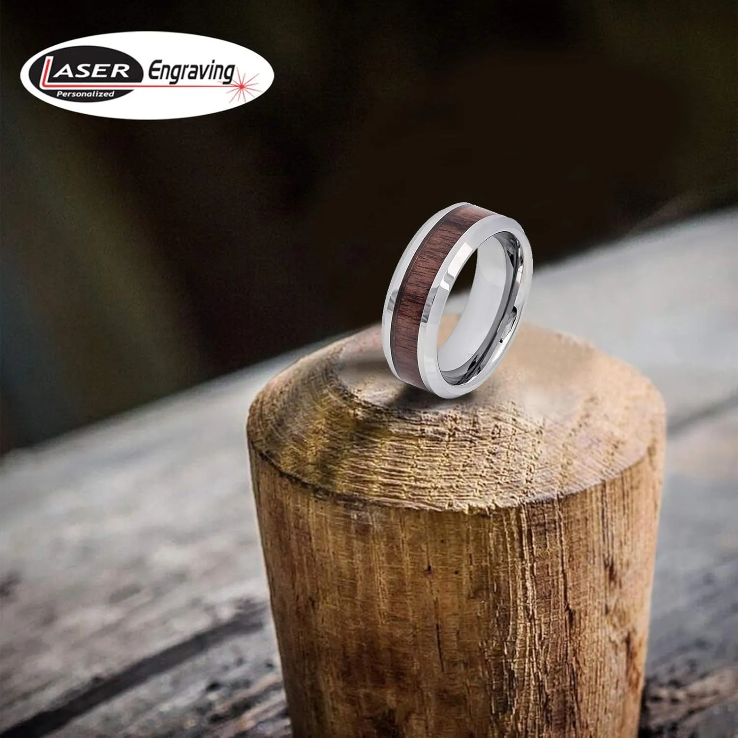 Personalized Laser Engraving Ring for Men and Ring for Women Tungsten Band Rings 8mm High Polished with Mahogany Wood Inlay Beveled Edge Wedding Band Ring Ideal Rings for Couples