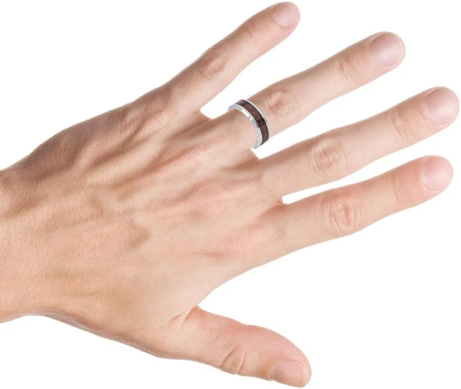 Personalized Laser Engraving Ring for Men and Ring for Women Tungsten Band Rings 8mm High Polished with Mahogany Wood Inlay Beveled Edge Wedding Band Ring Ideal Rings for Couples