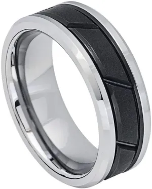 Personalized laser engraving Ring for Men and Ring for Women tungsten Band Rings 8mm Two-tone Black IP Center with Diagonal Grooves Wedding Band Ring Ideal Rings for couples