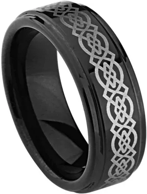 Personalized laser engraving Ring for Men and Ring for Women tungsten Band Rings 9mm Black IP Plated High Polished Laser Engraved Celtic Knot Pattern Wedding Band Ring Ideal Rings for couples