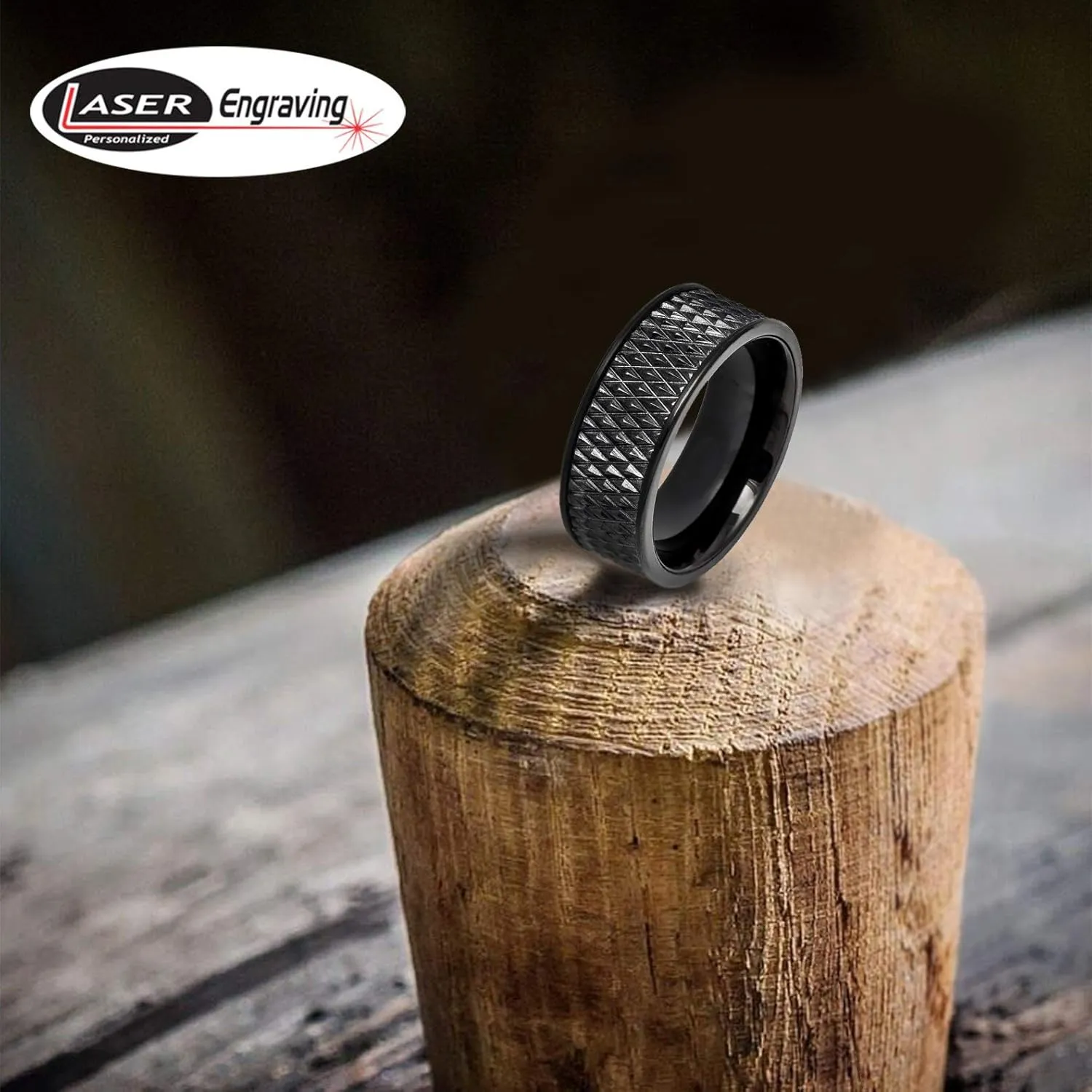 Personalized laser engraving Ring for Men and Ring for Women tungsten Band Rings 9mm Black IP Plated Parallelogram Design Center with Straight Edges Wedding Band Ring Ideal Rings for couples