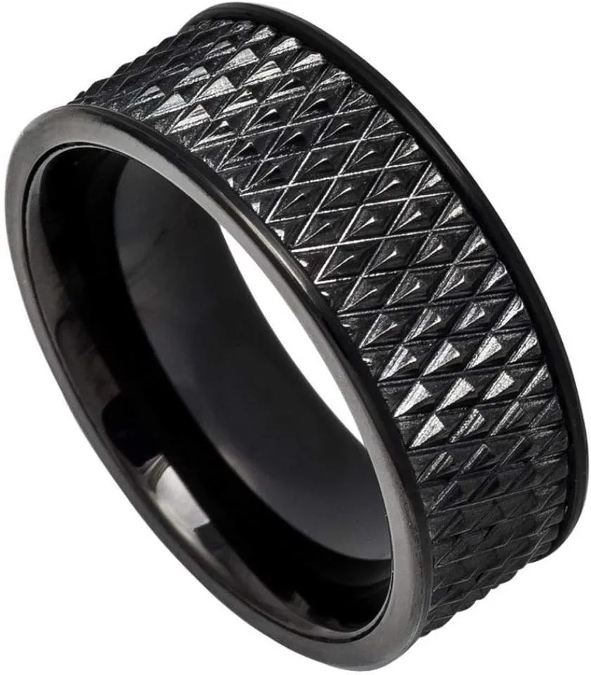 Personalized laser engraving Ring for Men and Ring for Women tungsten Band Rings 9mm Black IP Plated Parallelogram Design Center with Straight Edges Wedding Band Ring Ideal Rings for couples