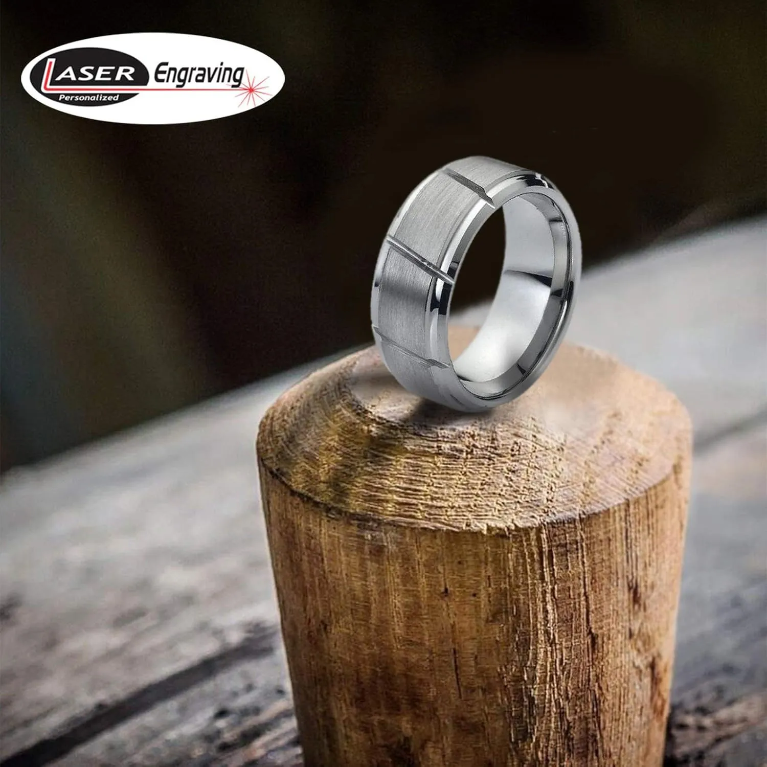 Personalized Laser Engraving Ring for Men and Ring for Women Tungsten Band Rings 9mm Multiple Diagonal Grooves Brushed Center Wedding Band Ring Ideal Rings for Couples