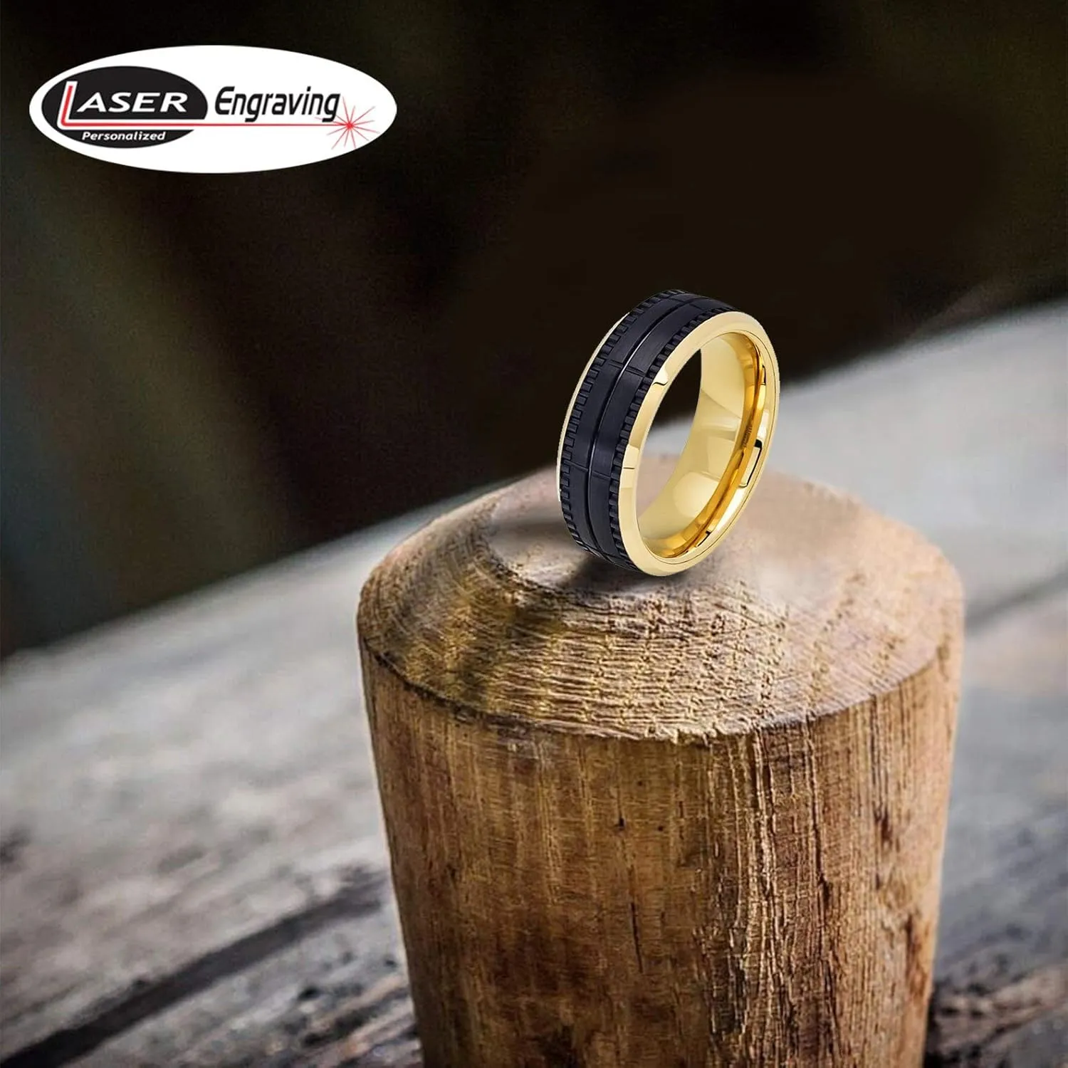 Personalized laser engraving Ring for Men and Women tungsten Band 8mm Two-tone Yellow IP Inside Black IP Outside Brushed Grooved Wedding Band Ring Ideal for couples