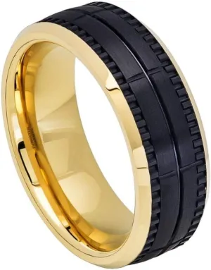 Personalized laser engraving Ring for Men and Women tungsten Band 8mm Two-tone Yellow IP Inside Black IP Outside Brushed Grooved Wedding Band Ring Ideal for couples