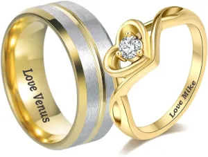 Personalized Matching Heart Wedding Rings Set - Him & Her Promise Rings with Names Engraved
