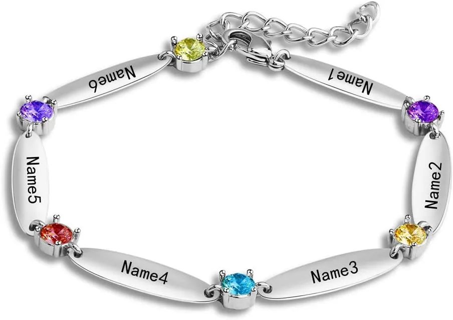 Personalized Mothers Bracelets with 6 Simulated Birthstones Custom Birthstone Bracelets with Names Engraved Kids Name Bracelet Personalized Mothers day Bracelets for Women