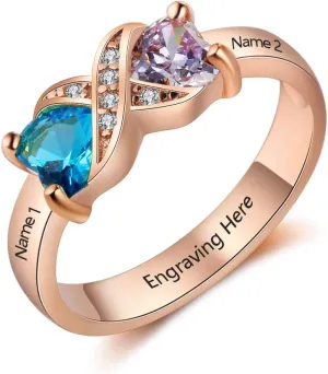 Personalized Sterling Silver Infinity Mothers Ring with 2 Heart Simulated Birthstones Engagement Promise Rings for Women (Rose Gold, 7)