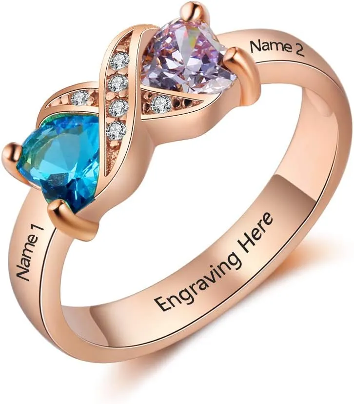 Personalized Sterling Silver Infinity Mothers Ring with 2 Heart Simulated Birthstones Engagement Promise Rings for Women (Rose Gold, 7)