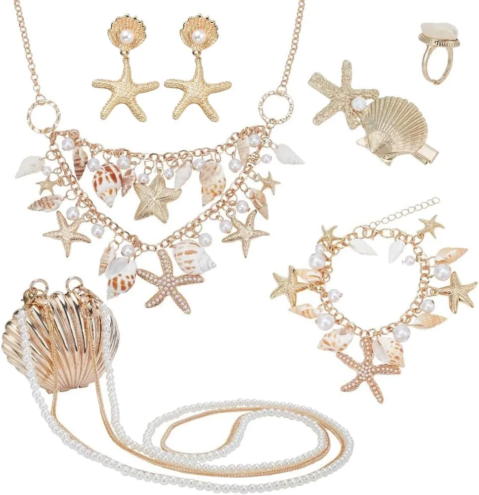 PH PandaHall 7pcs Mermaid Jewelry Set, Seashell Starfish Mermaid Accessories Sea Beach Shell Pearl Collar Bib Statement Necklace Bracelet Earrings Ring Hair Clip Crossbody Bags for Women
