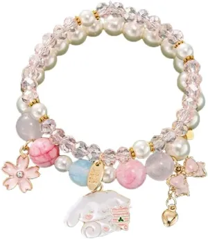 Pingyongchang Elastic Cartoon Bracelets Crystal Beads Pearl Bracelets Cute Kawaii Adjustable Beaded Strand Bracelets for Women Girls Graduation Charm Bracelets Gift for Kids