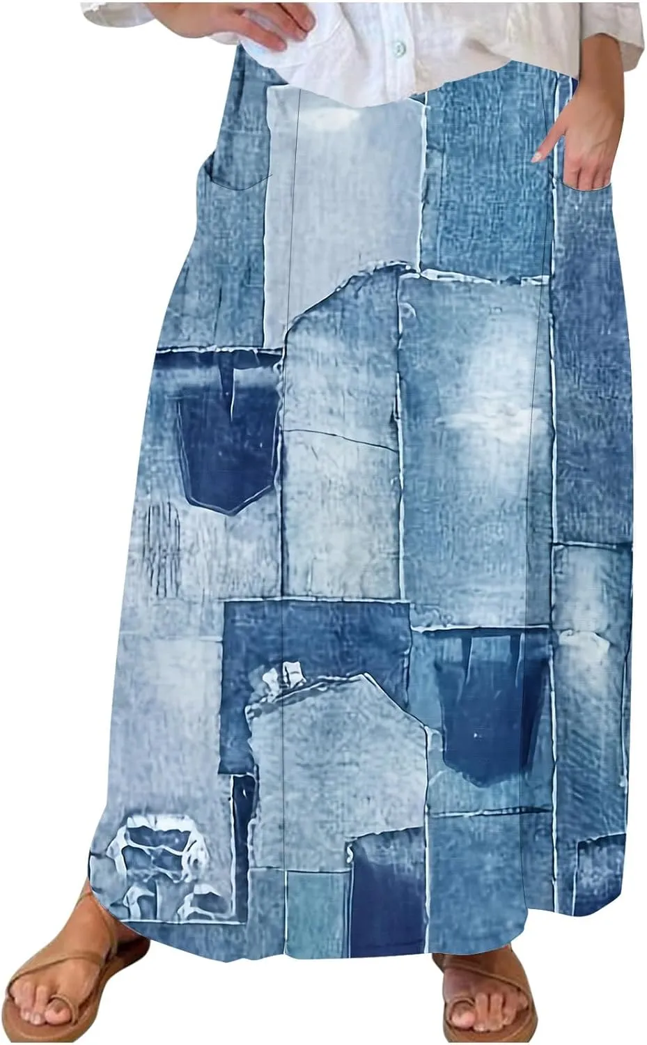 Plus Size Skirts for Women Retro Imitation Denim Print Beach Skirt 2025 Summer Flowy Midi Skirt with Pocket