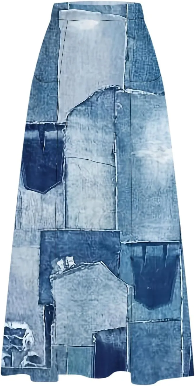 Plus Size Skirts for Women Retro Imitation Denim Print Beach Skirt 2025 Summer Flowy Midi Skirt with Pocket
