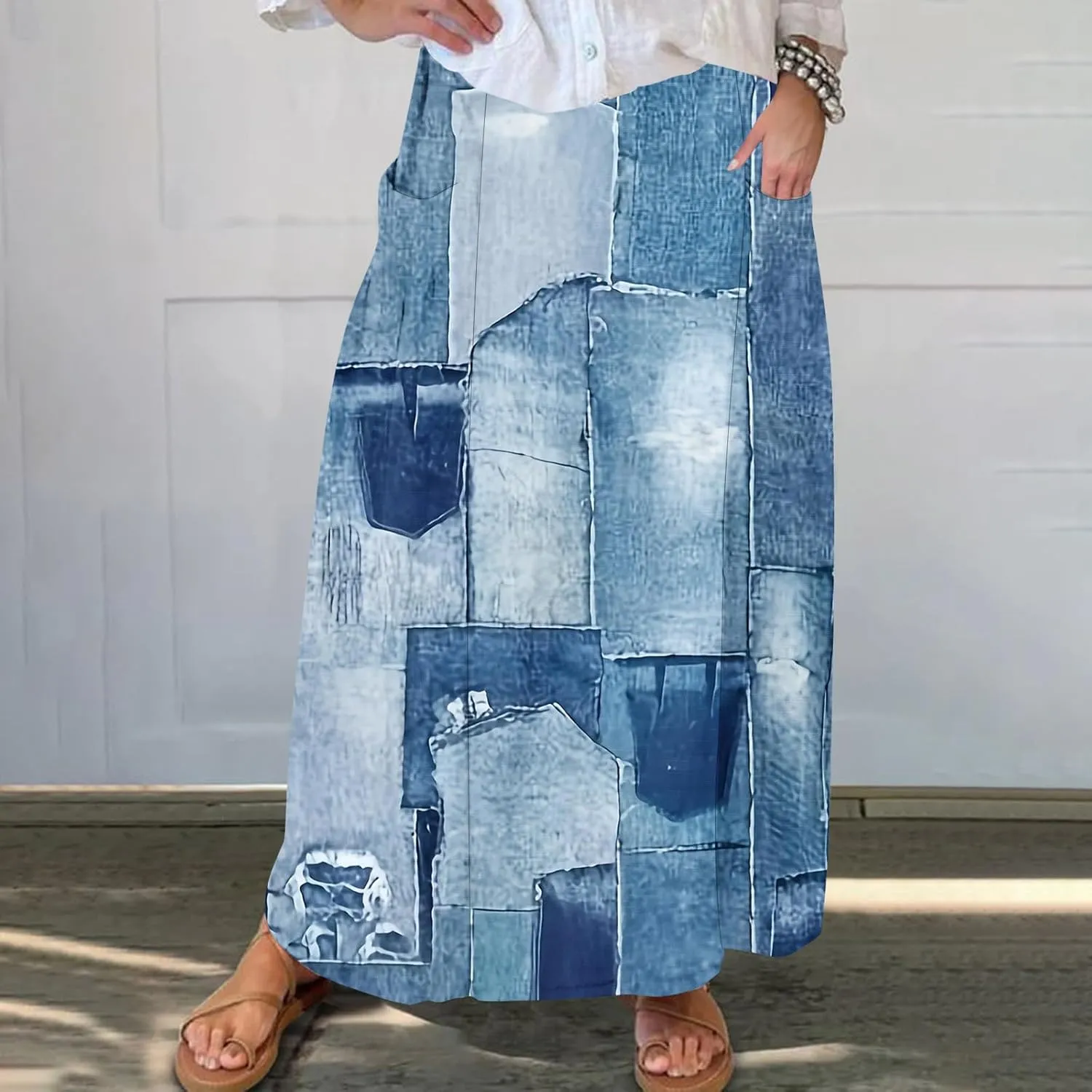 Plus Size Skirts for Women Retro Imitation Denim Print Beach Skirt 2025 Summer Flowy Midi Skirt with Pocket