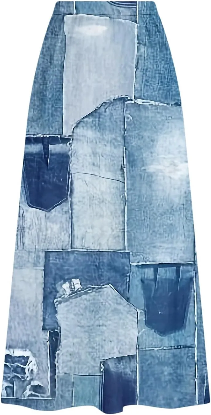 Plus Size Skirts for Women Retro Imitation Denim Print Beach Skirt 2025 Summer Flowy Midi Skirt with Pocket