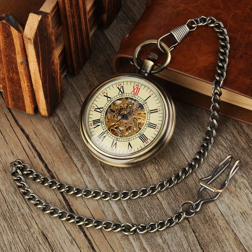 Pocket Watch Upmarket Unisex Luxury Glamour Automatic Mechanical Bronze Pocket Watches Vintage Transparent Skeleton Open Face Roman Numbers