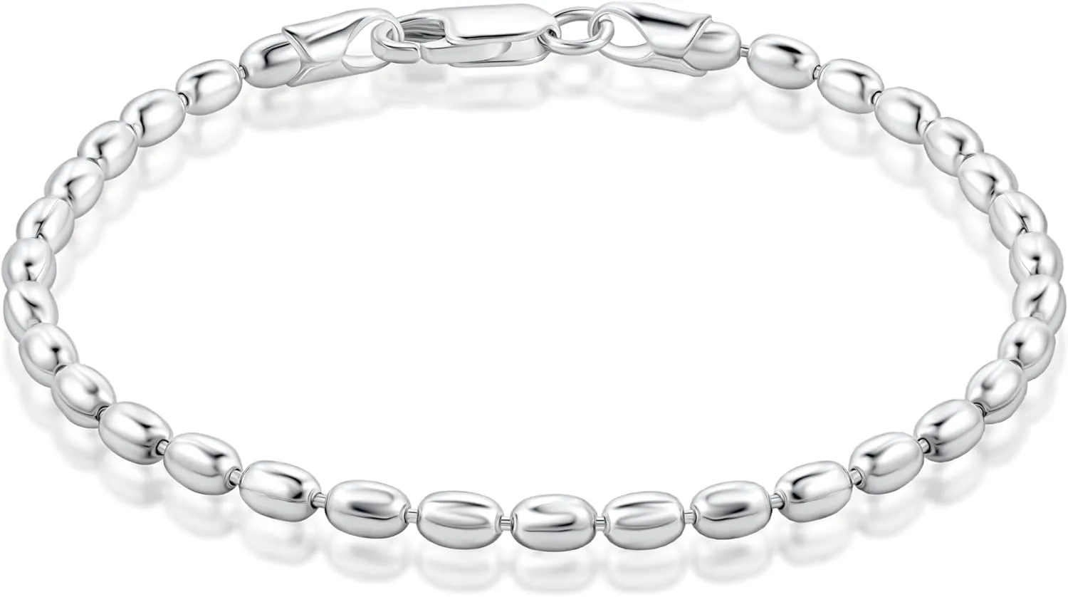 PORI JEWELERS 925 Sterling Silver Italian 3MM or 4MM Oval Bead Ball Strand Chain Bracelet for Women 7, 7.5, 8 Inch Made in Italy