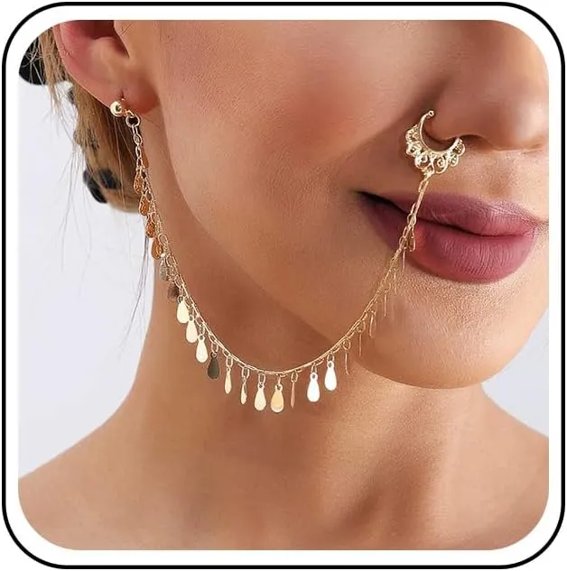 Punk Fake Nose Ring Ear Chain Earrings Gold Disc Tassel Nose Ring Hoop Chain Vintage Sequins Fringer Nose Ring Ear Chain Non Piercing Cuff Nose to Ear Chain Jewelry for Women