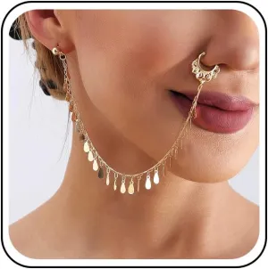 Punk Fake Nose Ring Ear Chain Earrings Gold Disc Tassel Nose Ring Hoop Chain Vintage Sequins Fringer Nose Ring Ear Chain Non Piercing Cuff Nose to Ear Chain Jewelry for Women