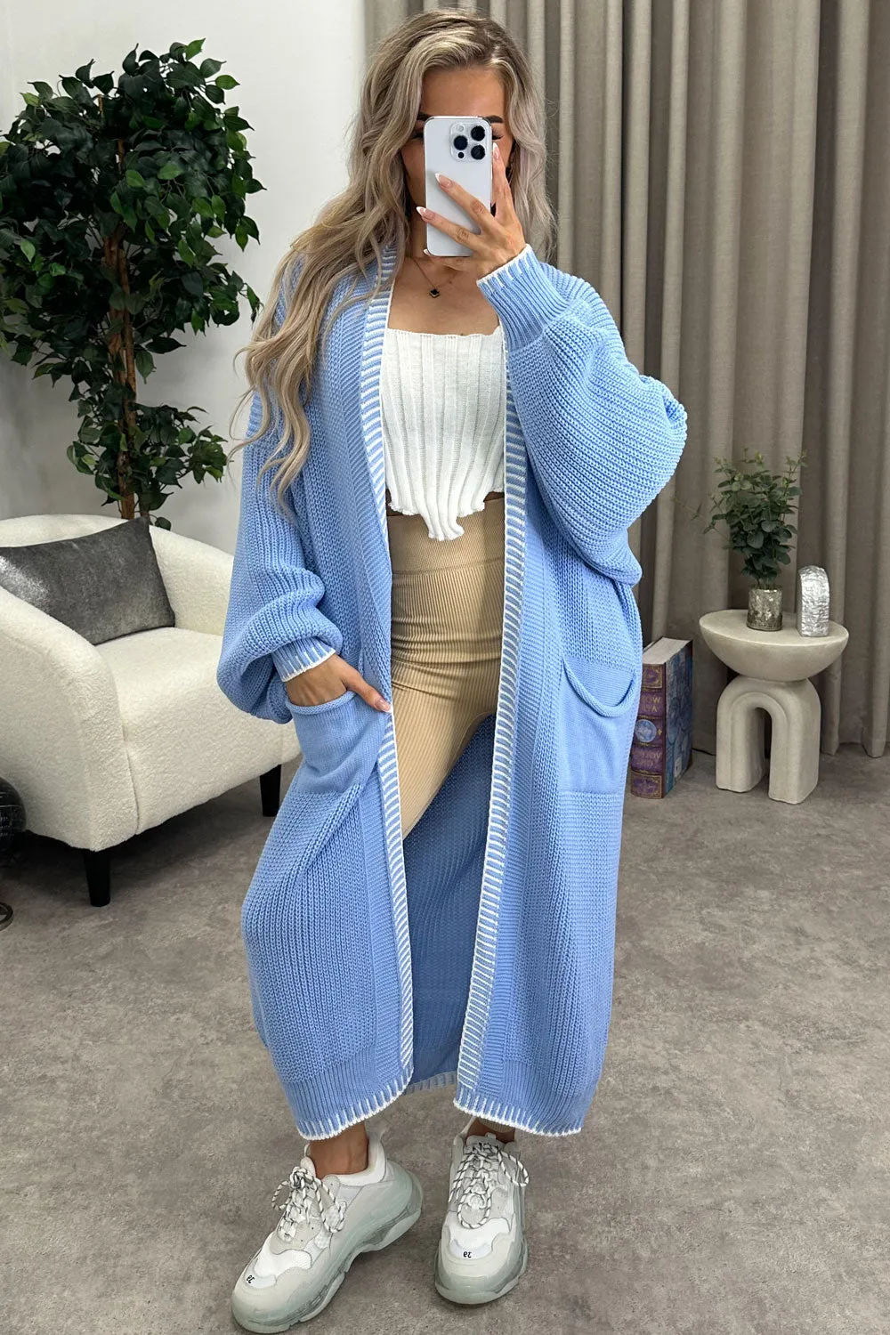 Rachelle Blue Contrast Trim Balloon Sleeve Maxi Knitted Cardigan