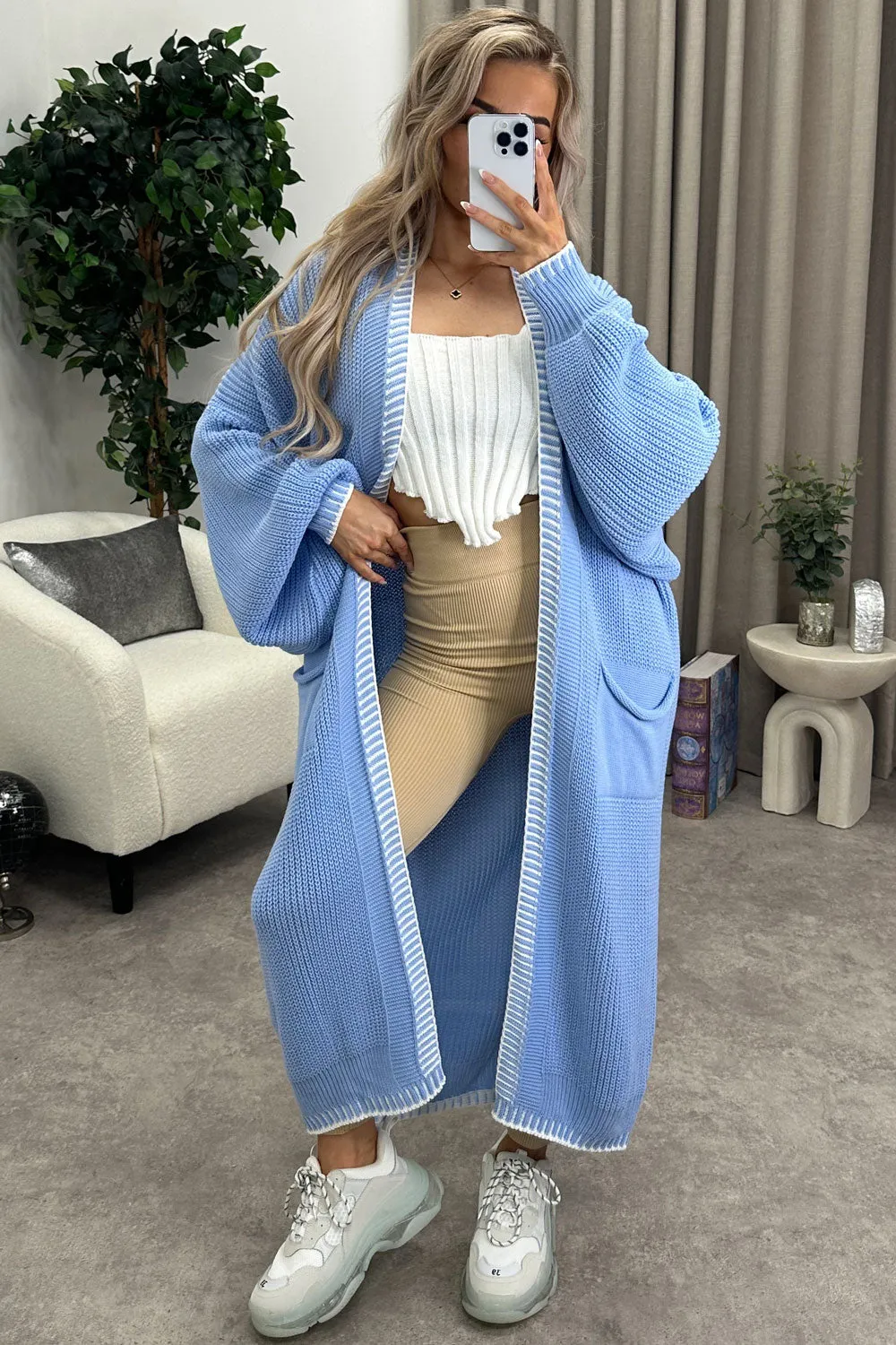 Rachelle Blue Contrast Trim Balloon Sleeve Maxi Knitted Cardigan