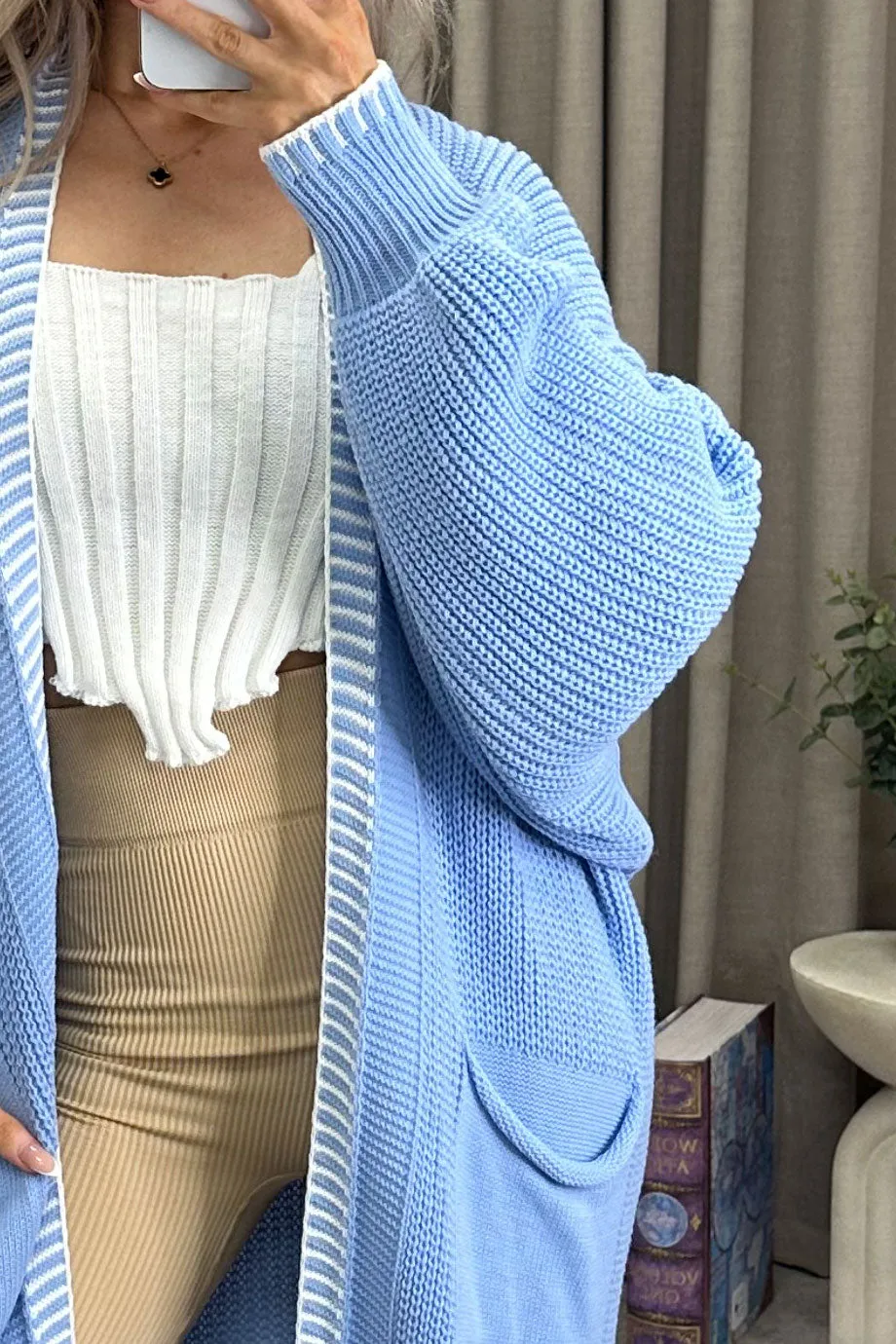 Rachelle Blue Contrast Trim Balloon Sleeve Maxi Knitted Cardigan