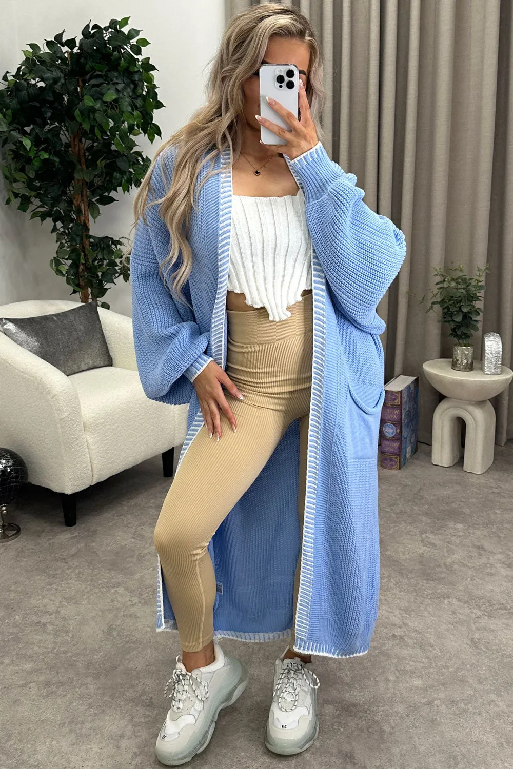 Rachelle Blue Contrast Trim Balloon Sleeve Maxi Knitted Cardigan