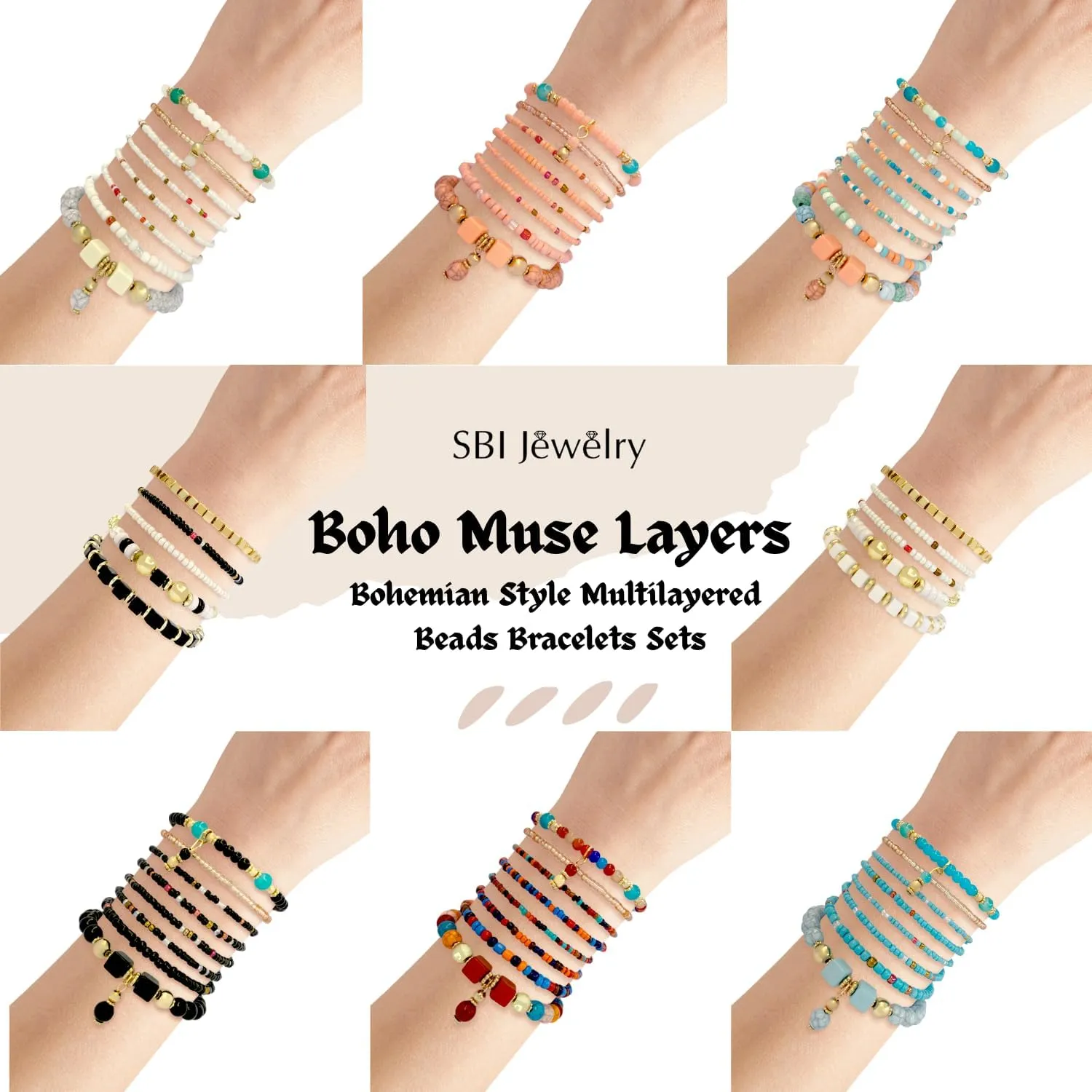 Rainbow Boho Bracelet Stacks for Women Layered Color Black Gold White Turquoise Family Stranded Wrap Birthday Anniversary Valentines Day