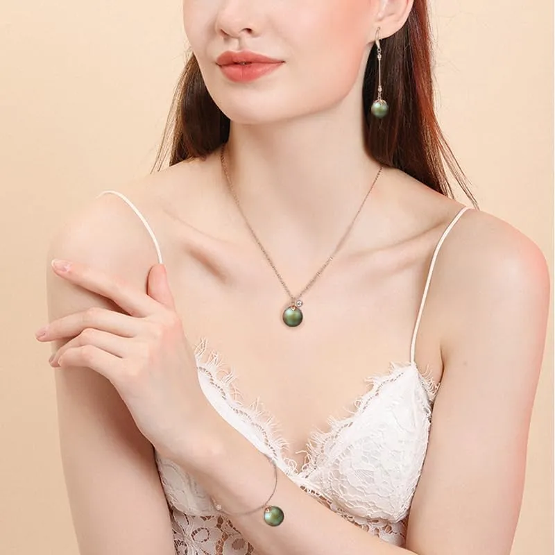 Retro Green Imitation Pearl Stainless Steel Jewelry Set - Necklace, Earrings, Bracelet