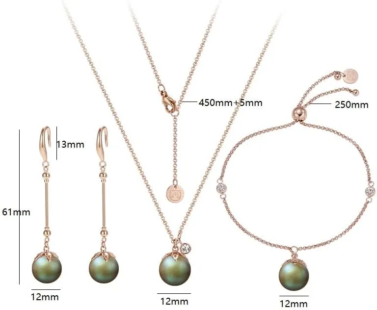 Retro Green Imitation Pearl Stainless Steel Jewelry Set - Necklace, Earrings, Bracelet