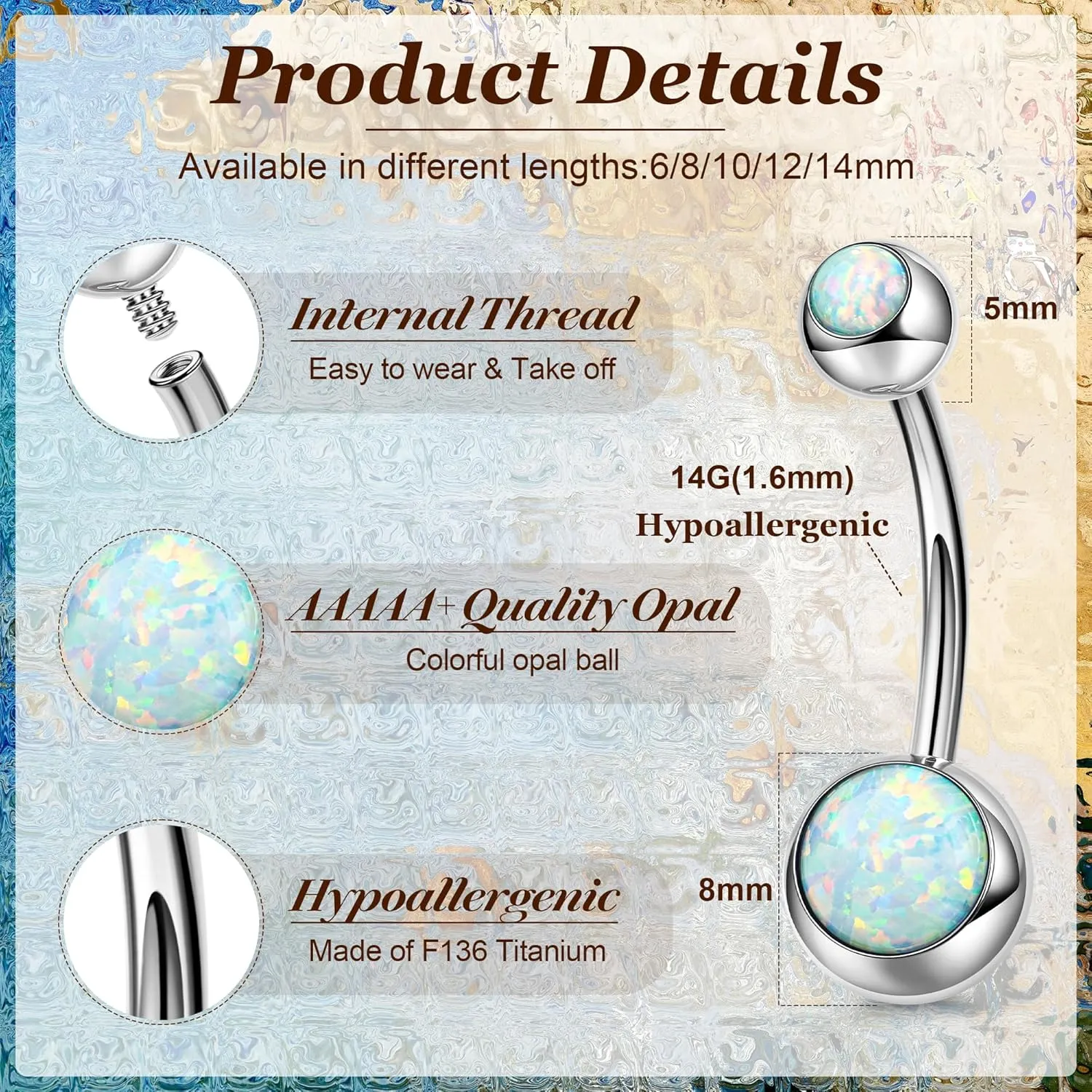 REVOLIA 14G F136 Titanium Opal Belly Button Rings for Women Hypoallergenic Belly Rings Internally Threaded Barbell Navel Rings Body Piercing Jewelry 6-16MM