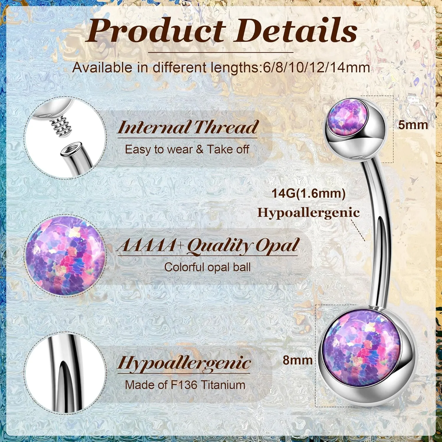 REVOLIA 14G F136 Titanium Opal Belly Button Rings for Women Hypoallergenic Belly Rings Internally Threaded Barbell Navel Rings Body Piercing Jewelry 6-16MM