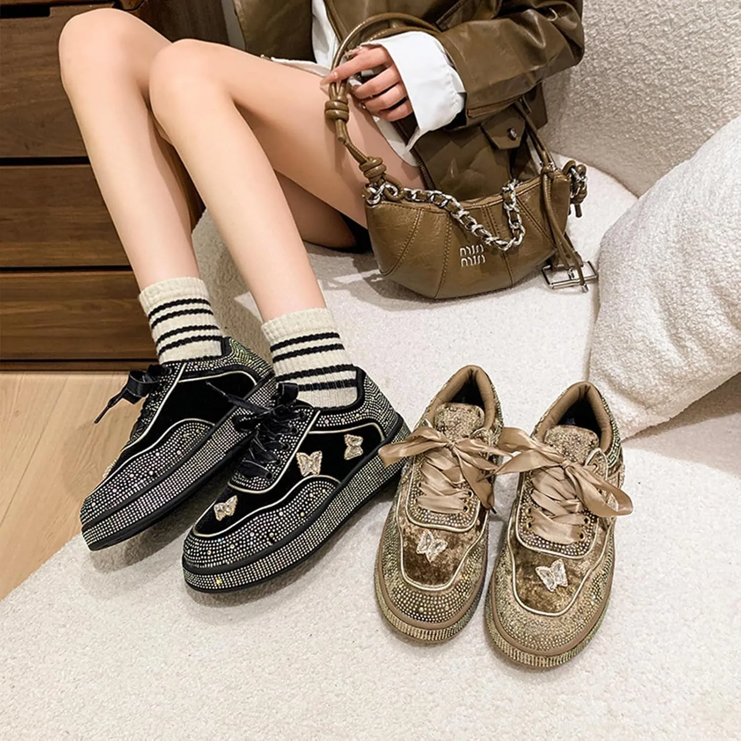 Rhinestone Sneakers for Women Platform Sparkly Glitter Bling Tennis Shoes Fashion Bedazzled Wedding Bridal Party Walking Sneakers, Cute Bowknot Glitter Bling Loafers