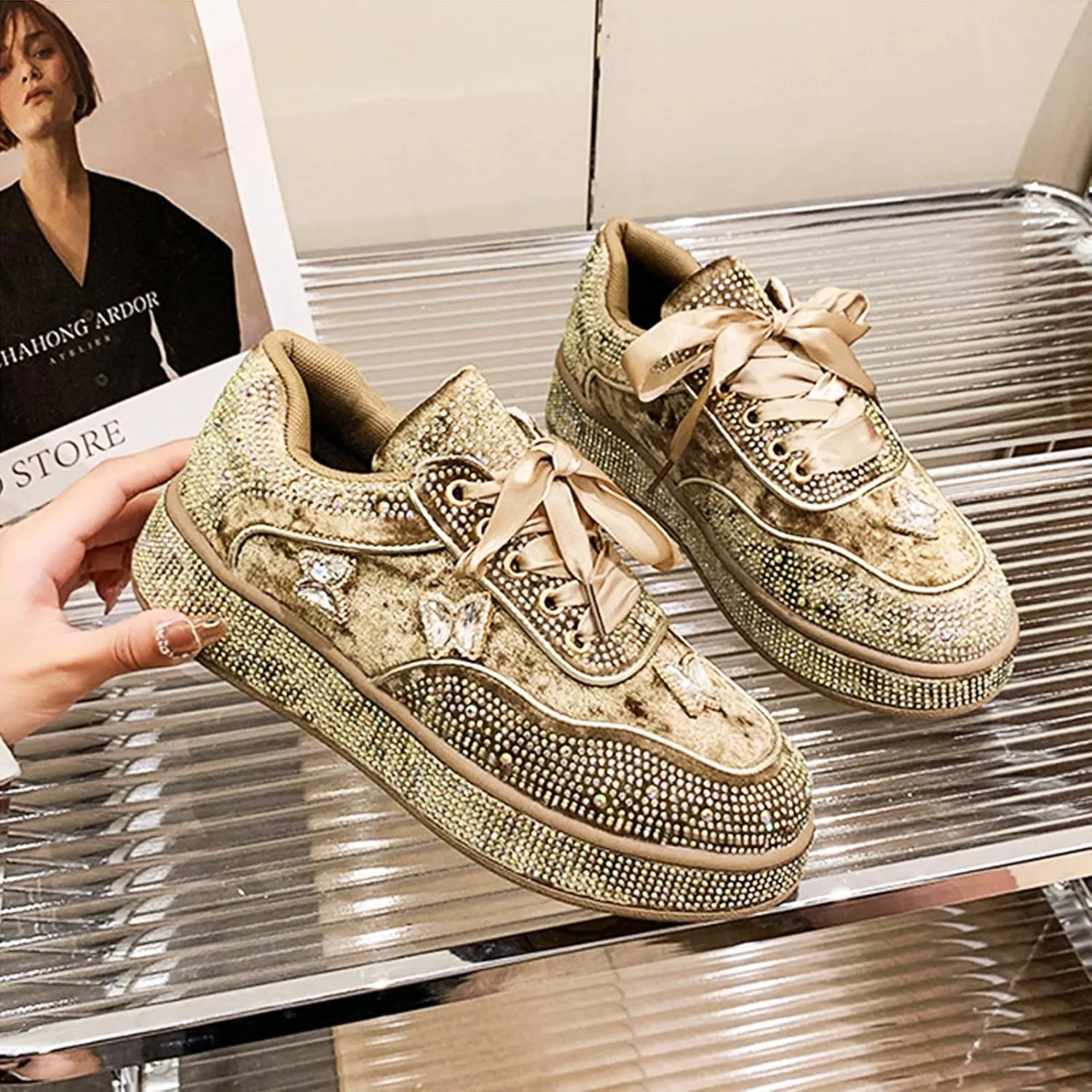 Rhinestone Sneakers for Women Platform Sparkly Glitter Bling Tennis Shoes Fashion Bedazzled Wedding Bridal Party Walking Sneakers, Cute Bowknot Glitter Bling Loafers