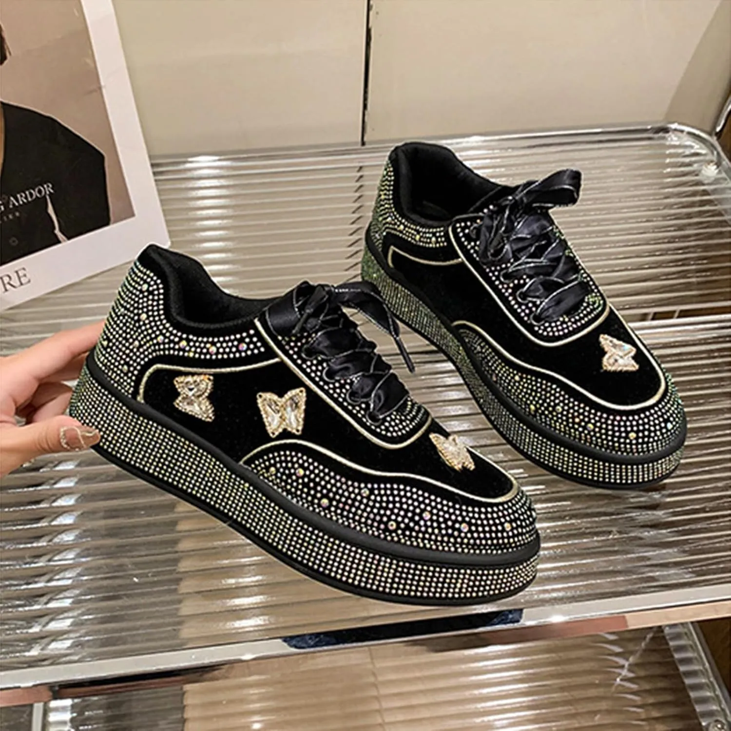 Rhinestone Sneakers for Women Platform Sparkly Glitter Bling Tennis Shoes Fashion Bedazzled Wedding Bridal Party Walking Sneakers, Cute Bowknot Glitter Bling Loafers