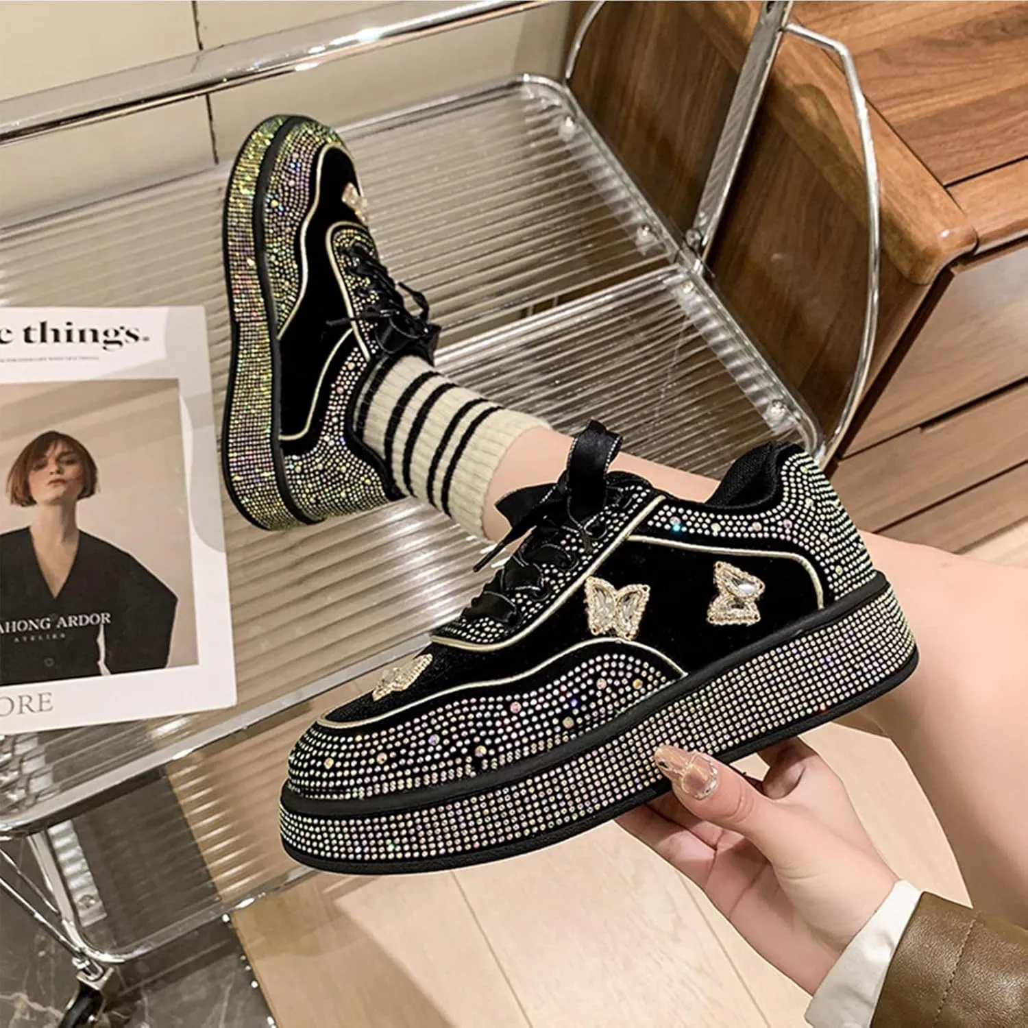 Rhinestone Sneakers for Women Platform Sparkly Glitter Bling Tennis Shoes Fashion Bedazzled Wedding Bridal Party Walking Sneakers, Cute Bowknot Glitter Bling Loafers