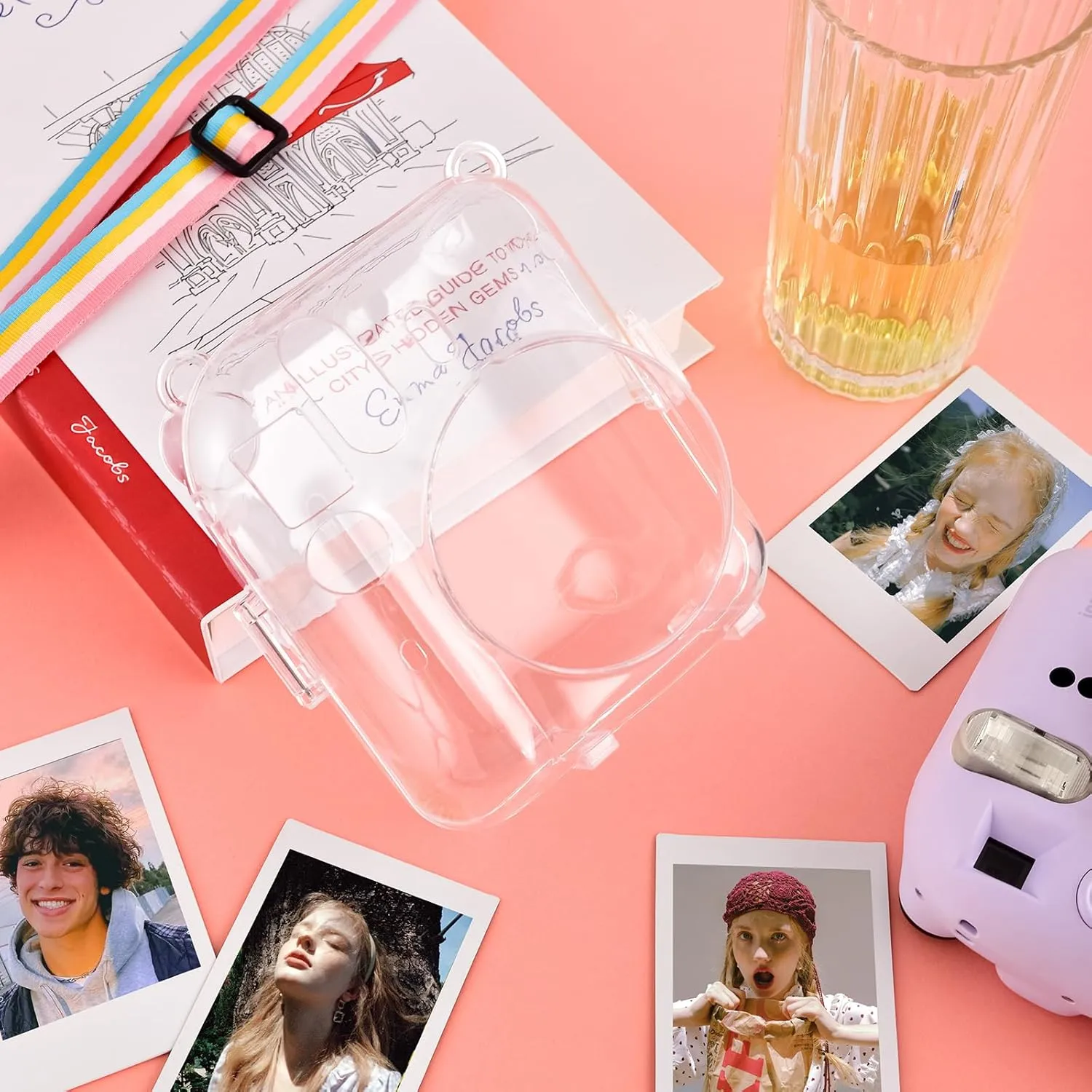 Rieibi Clear Case Compatible with Fuji Instax Mini 12 - Hard Carrying Case Bag for Fujifilm Instax Mini 12 Instant Camera - PC Cover with Rainbow Shoulder Strap