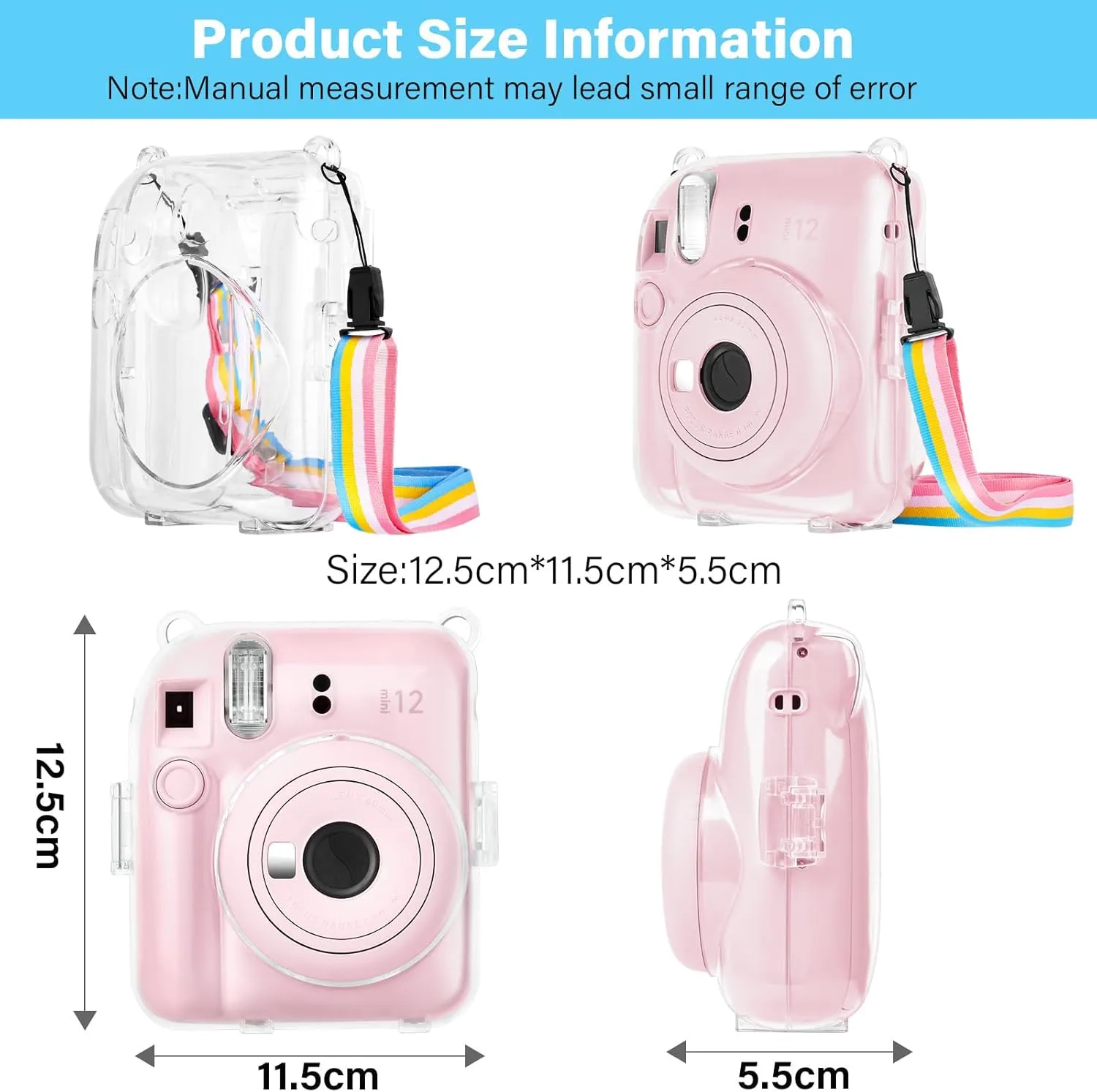 Rieibi Clear Case Compatible with Fuji Instax Mini 12 - Hard Carrying Case Bag for Fujifilm Instax Mini 12 Instant Camera - PC Cover with Rainbow Shoulder Strap