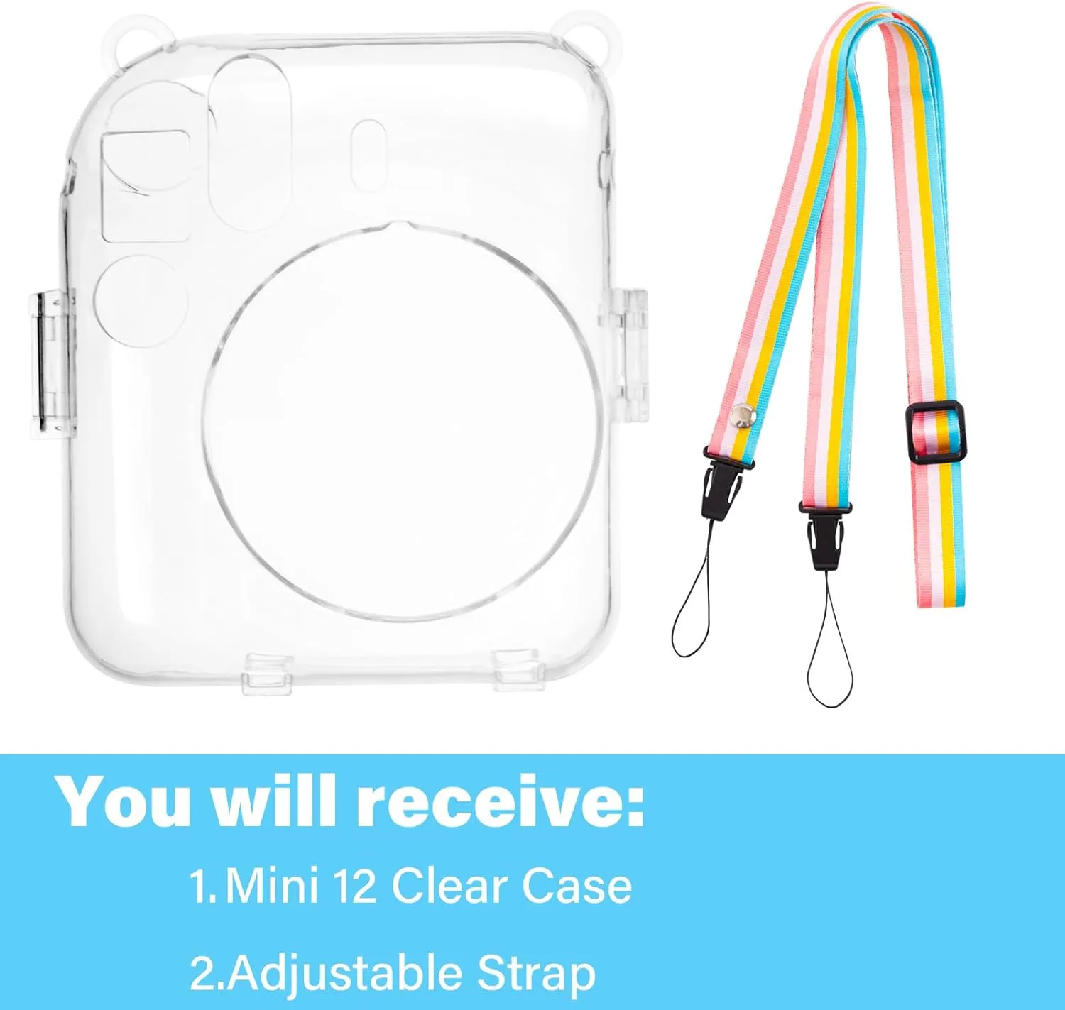 Rieibi Clear Case Compatible with Fuji Instax Mini 12 - Hard Carrying Case Bag for Fujifilm Instax Mini 12 Instant Camera - PC Cover with Rainbow Shoulder Strap