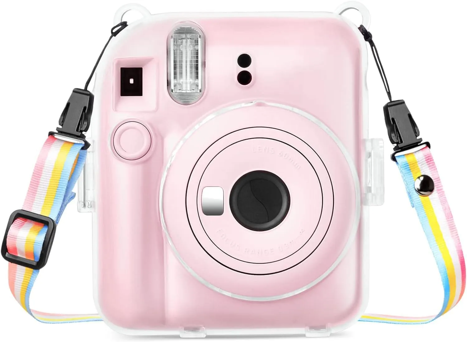 Rieibi Clear Case Compatible with Fuji Instax Mini 12 - Hard Carrying Case Bag for Fujifilm Instax Mini 12 Instant Camera - PC Cover with Rainbow Shoulder Strap