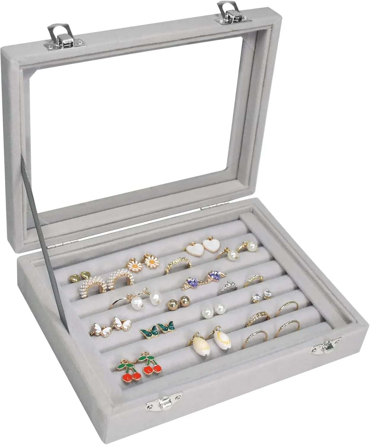 Rings Organizer Tray 7 Slots Velvet Jewelry Earring Storage Box with Transparent lid Jewelry Display Case for Girls Wife Mom Women (Grey)