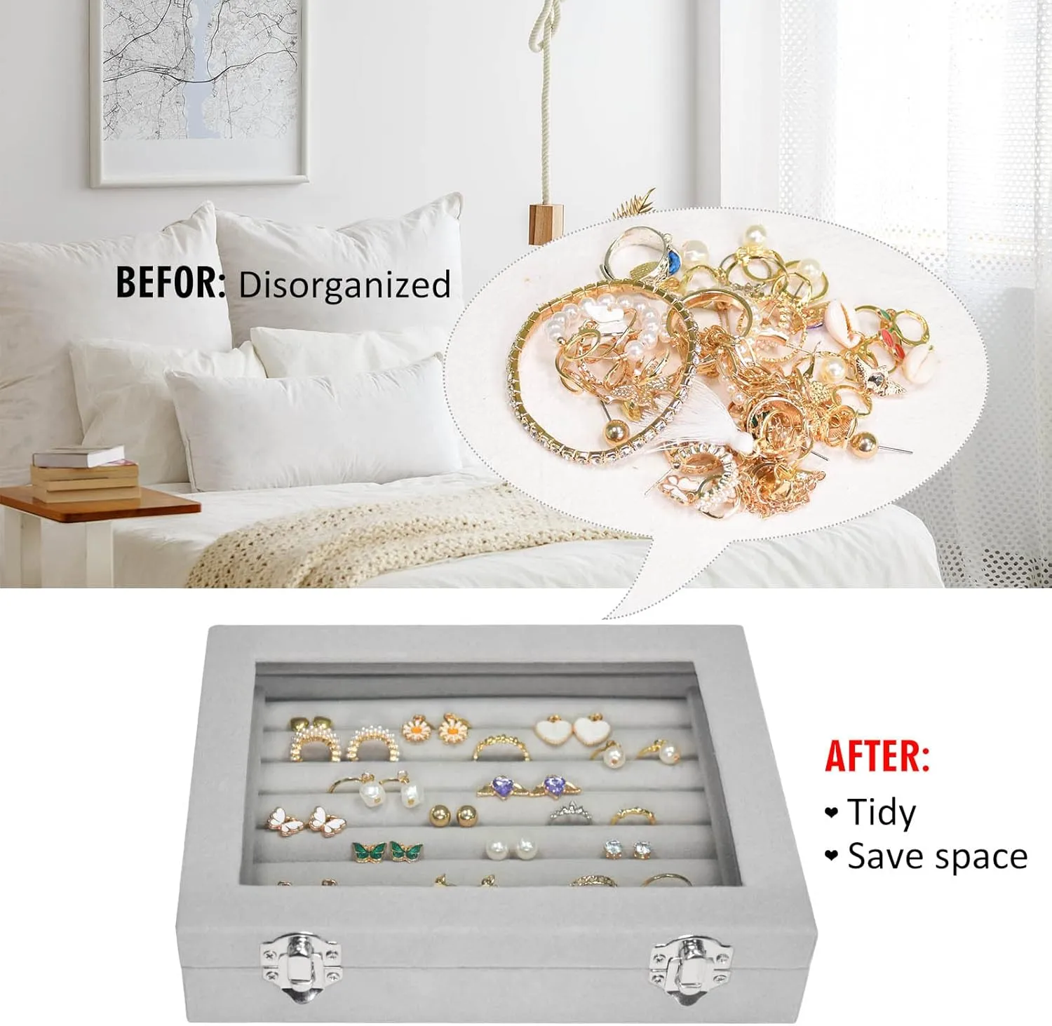 Rings Organizer Tray 7 Slots Velvet Jewelry Earring Storage Box with Transparent lid Jewelry Display Case for Girls Wife Mom Women (Grey)
