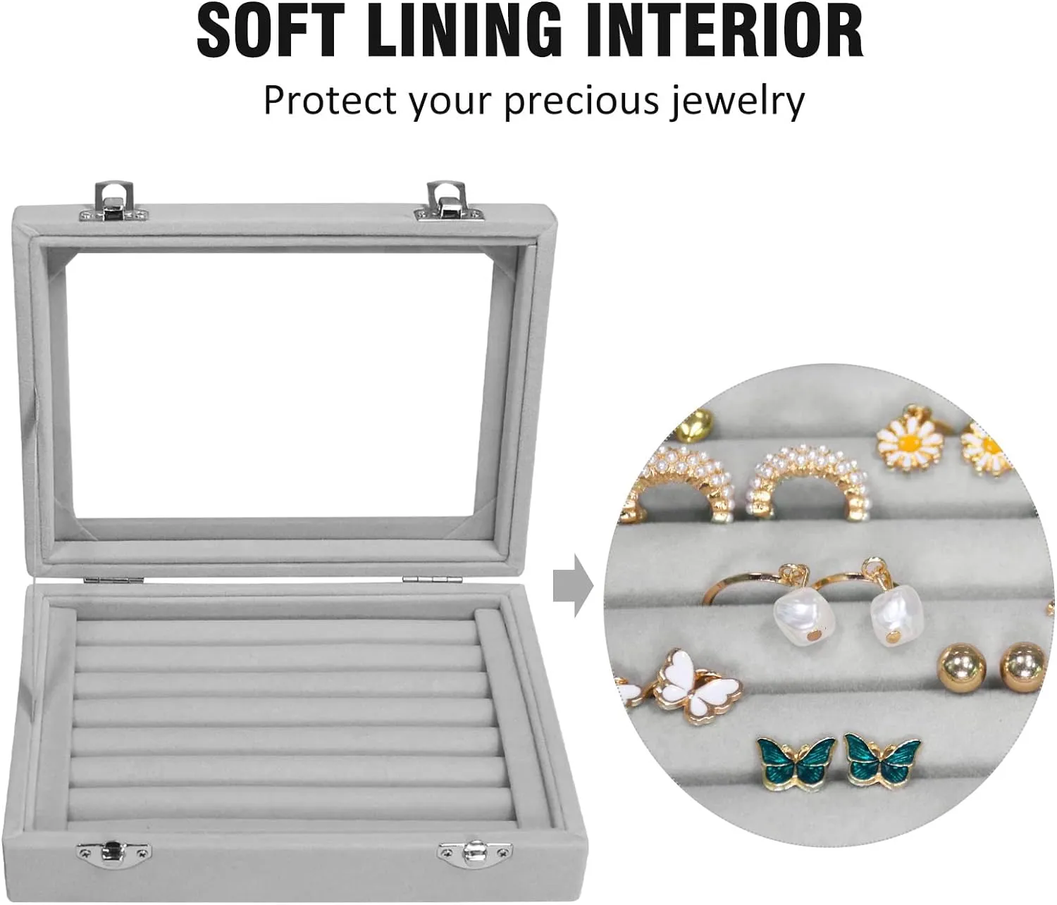 Rings Organizer Tray 7 Slots Velvet Jewelry Earring Storage Box with Transparent lid Jewelry Display Case for Girls Wife Mom Women (Grey)